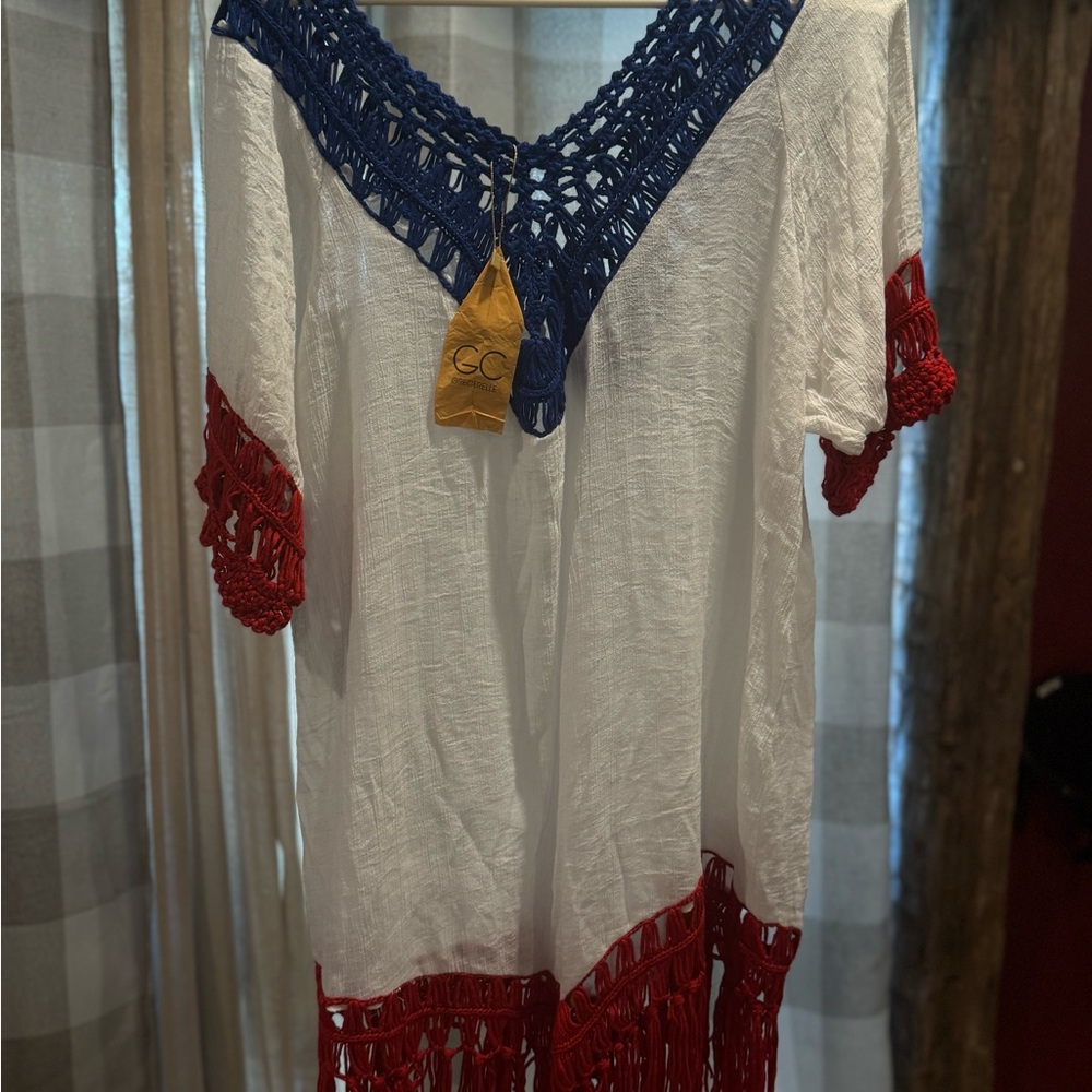 Elegant Red, White, and Blue Crochet Trim bathing suit coverup